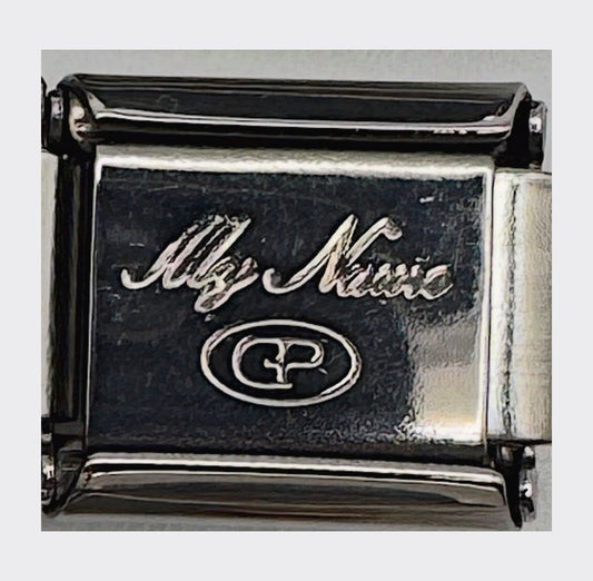 Vintage My Name USA Flag Waving Italian Charm - back stamp