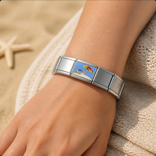 Beach Scene Italian Charm on a bracelet, worn on wrist