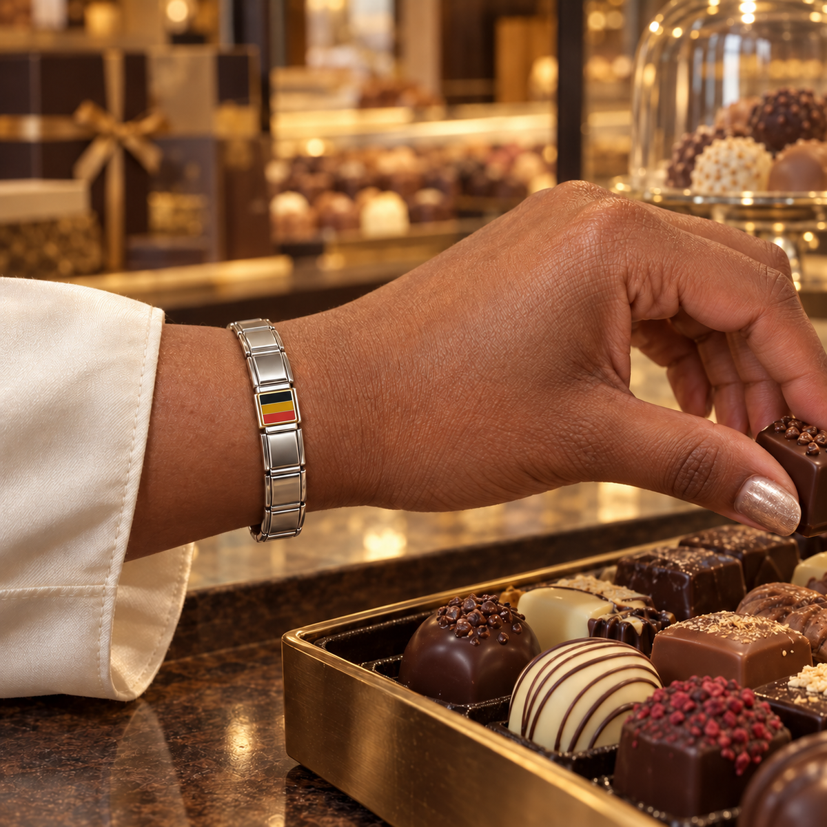 Belgium flag Italian charm with gold-toned details on a polished silver bracelet in a Belgian chocolate shop