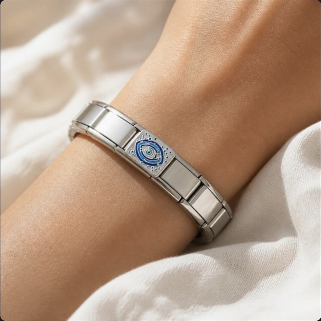 Blue Evil Eye Italian Charm on a bracelet, worn on wrist