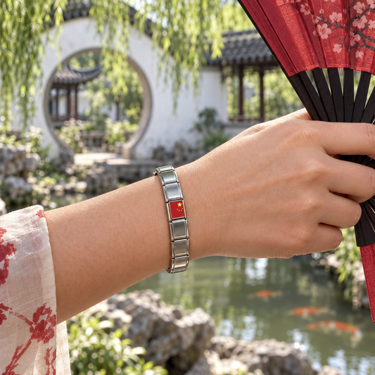 China flag Italian charm on a polished silver bracelet in a classical Suzhou garden