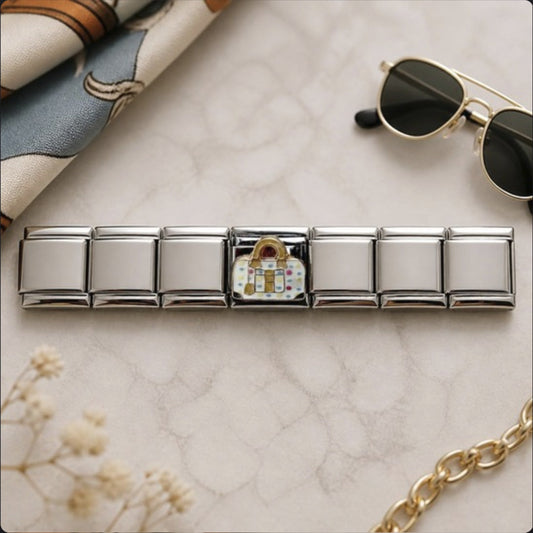 Colorful Handbag Italian Charm on a bracelet, flat lay