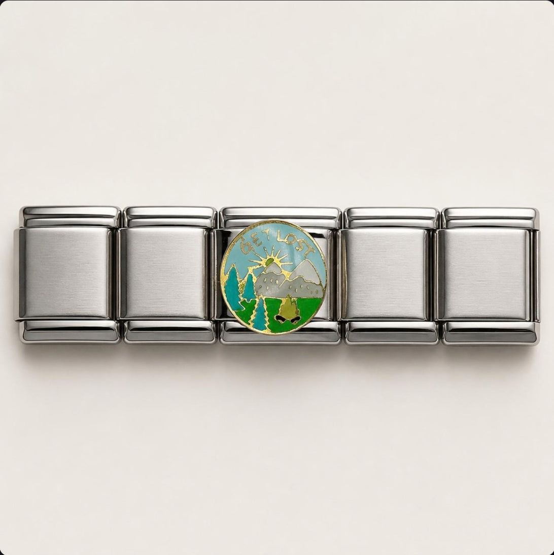 Get Lost Camping Italian Charm on a bracelet, flat lay