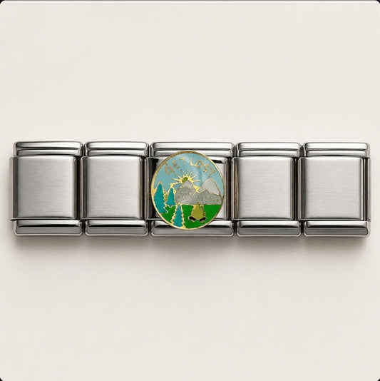 Get Lost Camping Italian Charm on a bracelet, flat lay