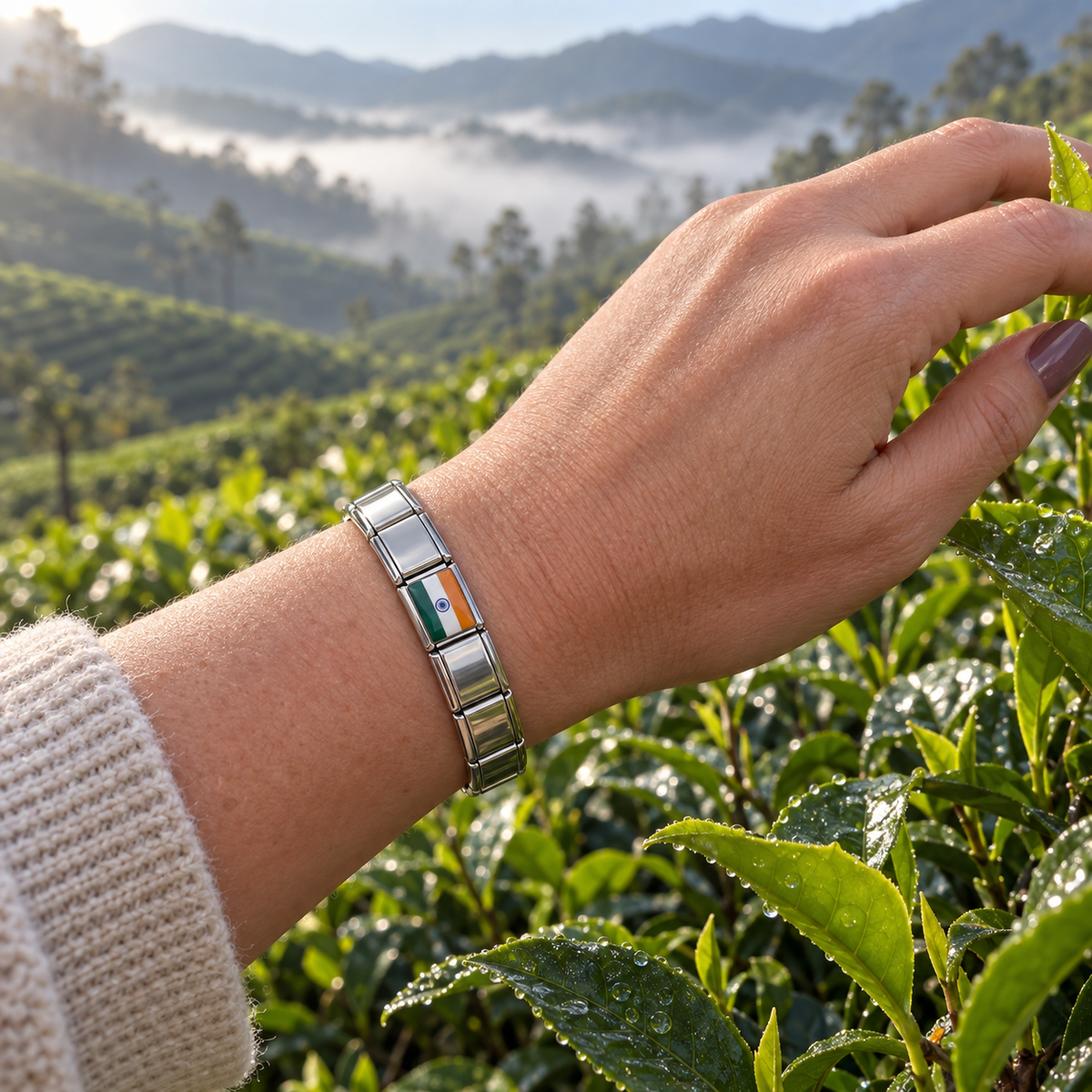 India flag Italian charm on a silver Italian charm base bracelet worn in a misty Munnar tea plantation