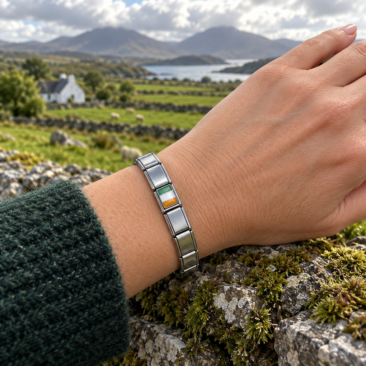 Ireland flag Italian charm on a shiny silver base Italian bracelet worn in the Connemara countryside