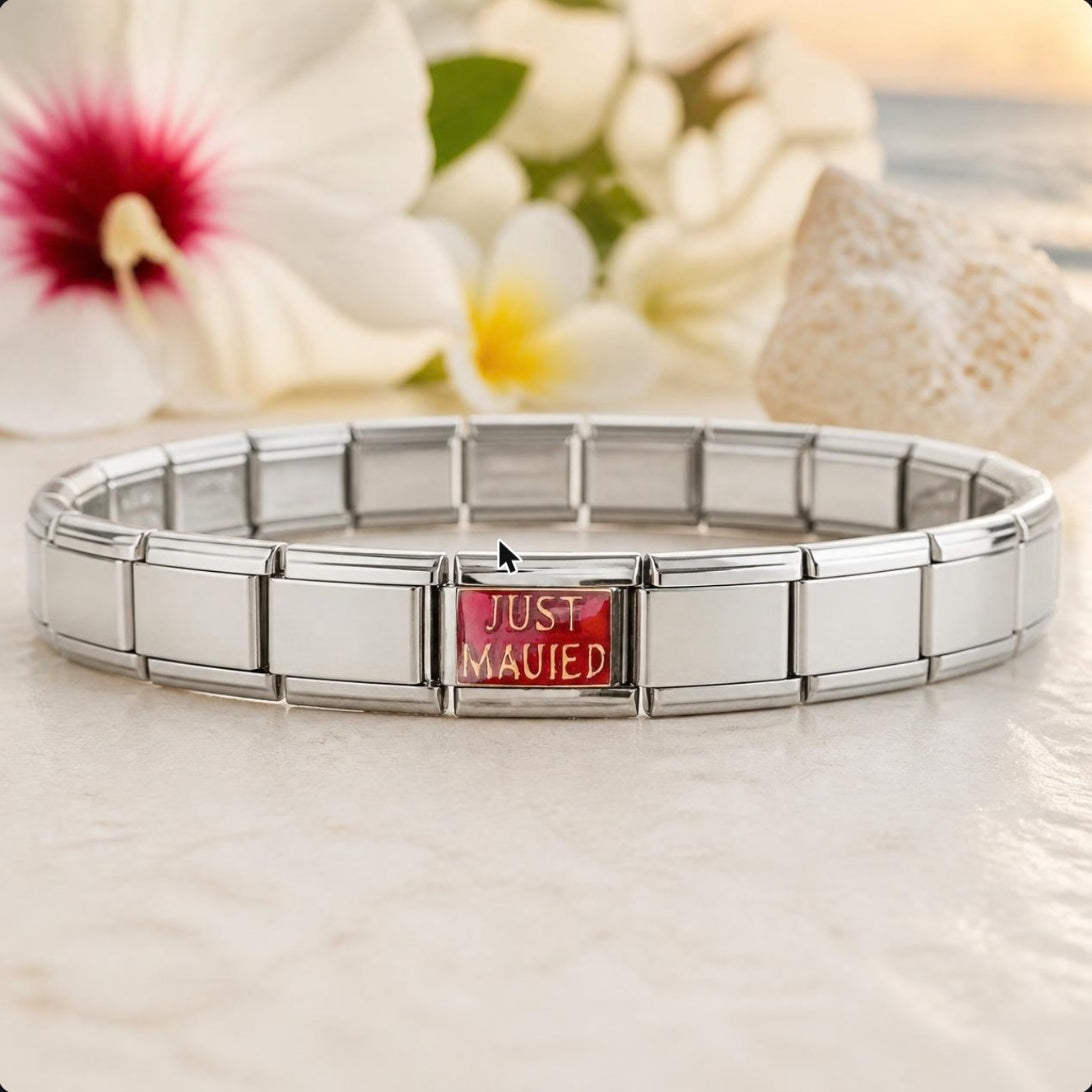 Just Mauied Italian charm on bracelet, flat lay