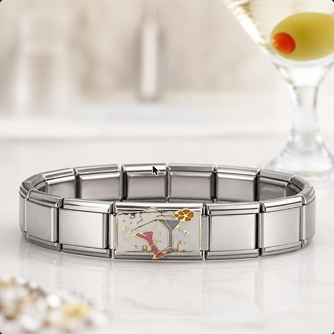 Martinis Italian charm on bracelet, flat lay
