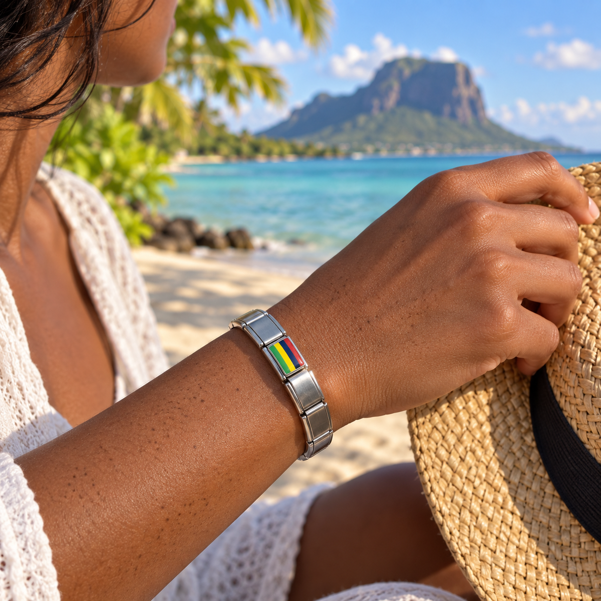 Mauritius flag Italian charm on a 9mm Italian charm bracelet beside a tropical lagoon with Le Morne Brabant