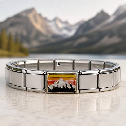 Mountains Italian charm on bracelet, flat lay