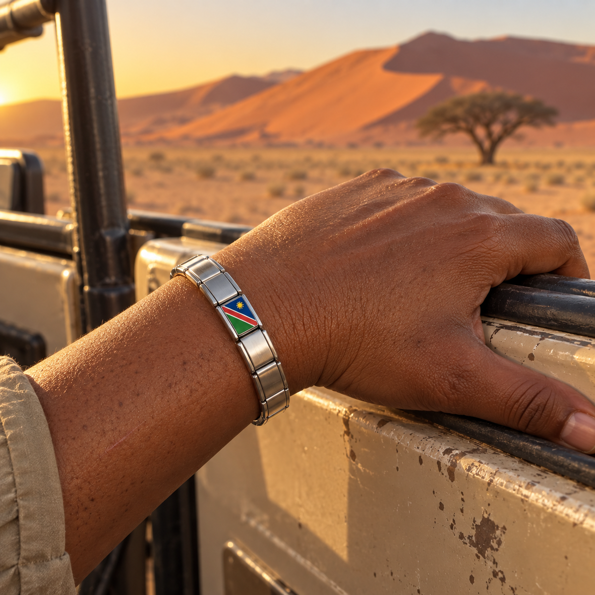 Namibia flag Italian charm on a shiny silver modular bracelet overlooking the Sossusvlei desert dunes