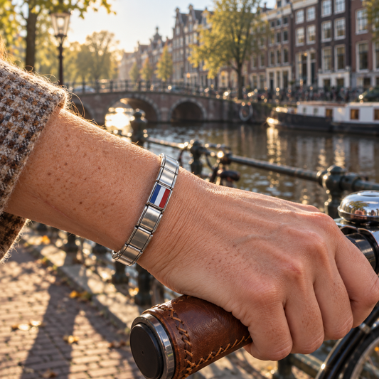 Netherlands flag Italian charm on a polished silver modular bracelet beside an Amsterdam canal