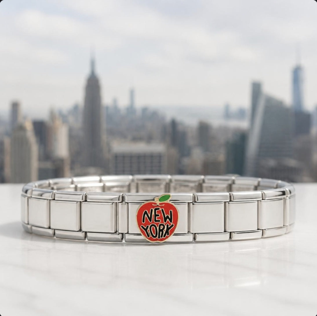 New York Big Apple Italian charm on bracelet, flat lay