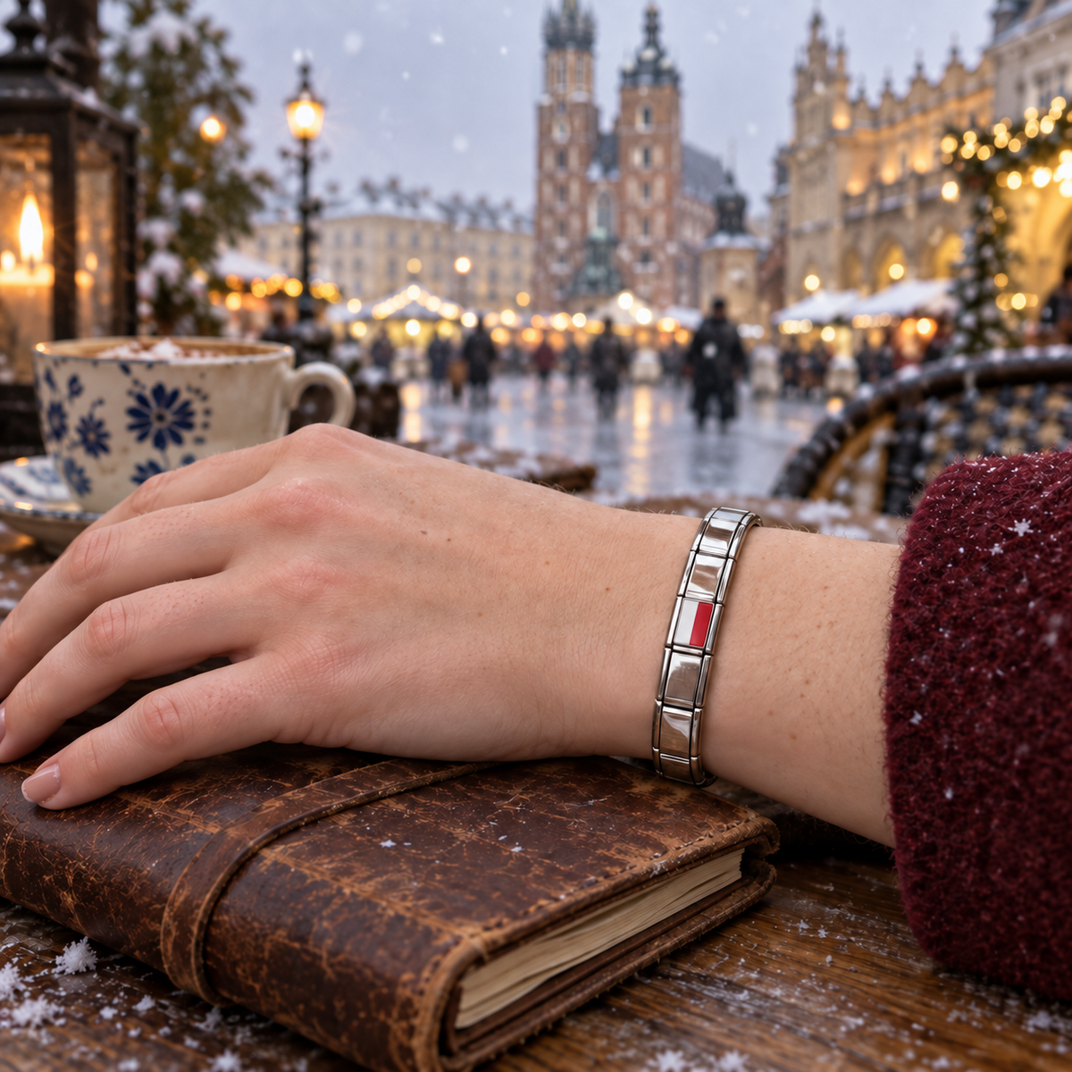 Poland flag Italian charm on a polished silver modular bracelet worn at a snowy Kraków café overlooking the historic Market Square