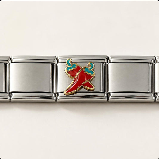Red Chili Peppers Italian Charm on a bracelet, flat lay