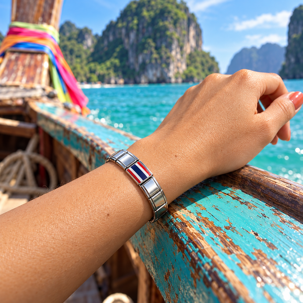 Thailand flag Italian charm on a polished silver bracelet aboard a traditional long-tail boat in the Andaman Sea