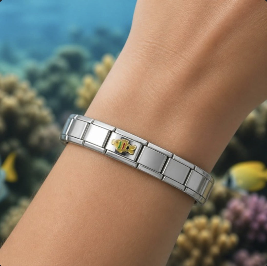 Tropical Fish pair Italian charm on bracelet, worn on wrist
