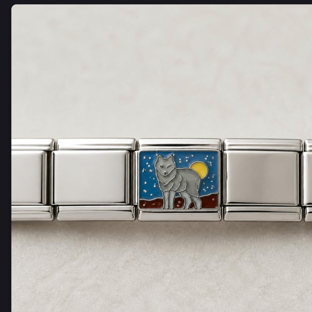 Wolf & Moon Italian charm on bracelet