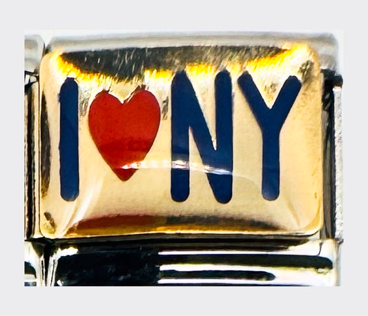 I Heart New York gold Italian charm with blue lettering and red heart