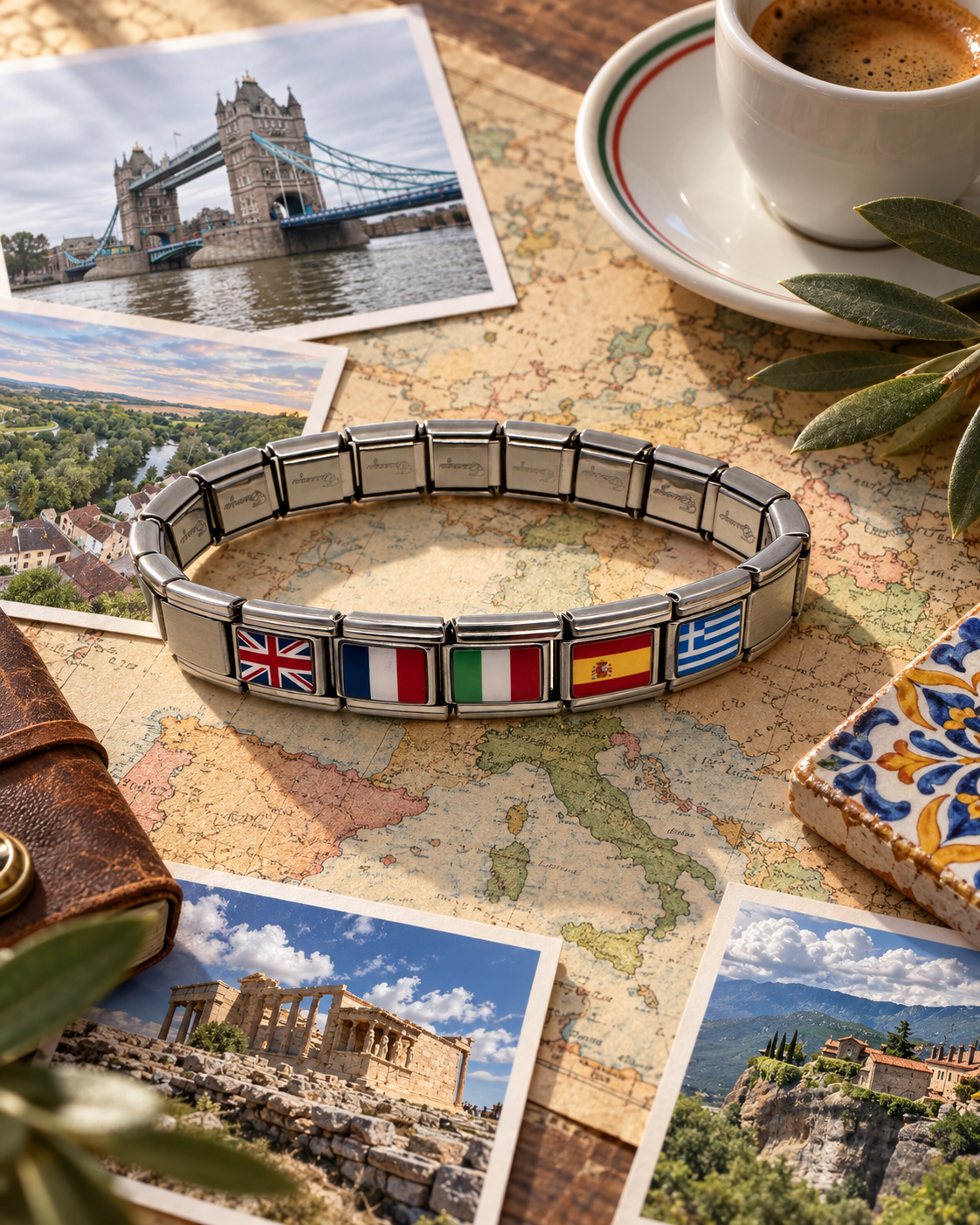 Iconic Europe Italian Charm Bracelet with United Kingdom, France, Italy, Spain, and Greece flag charms