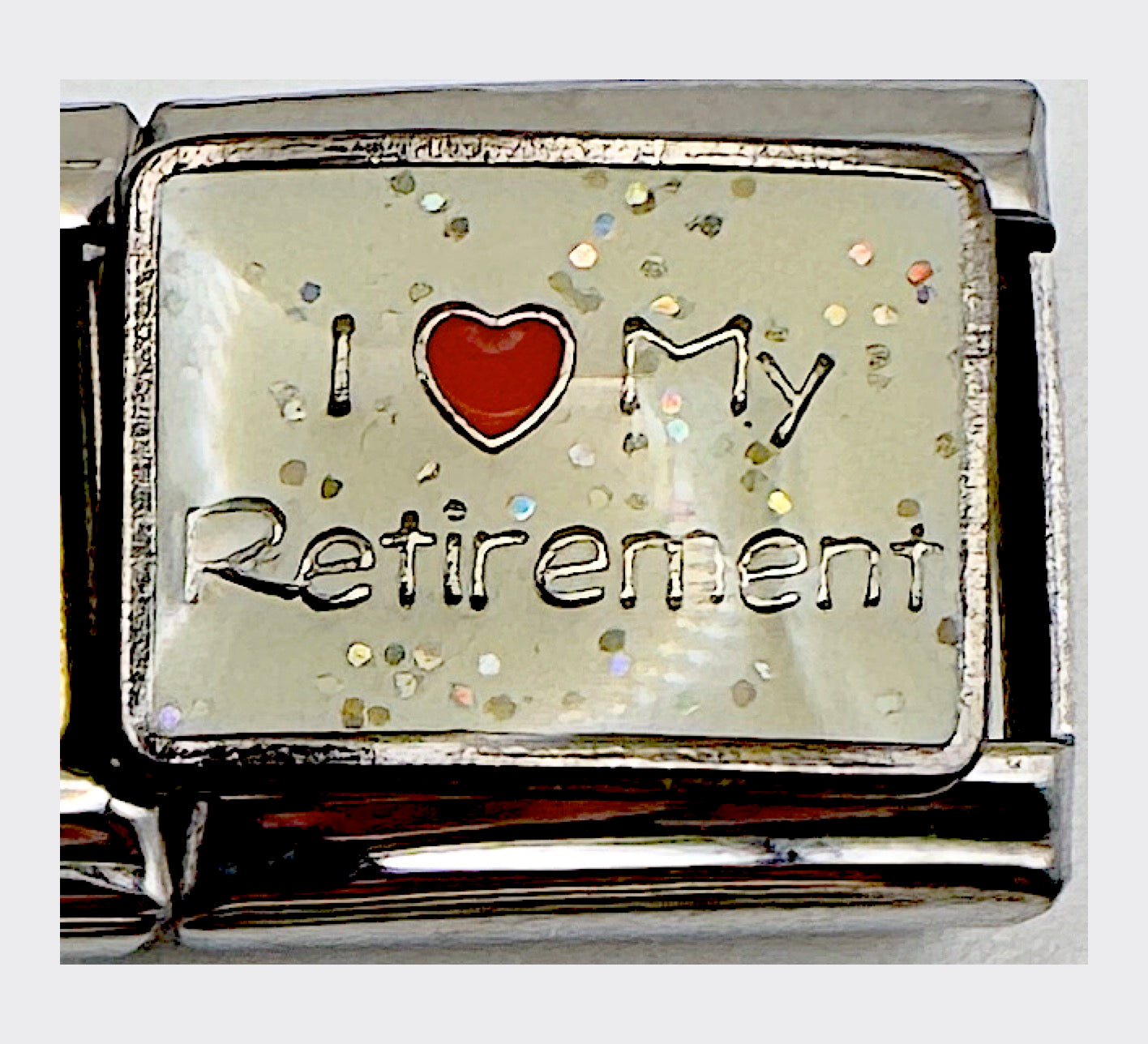Vintage D'LinQ I Heart My Retirement Italian Charm, sealed in original packaging