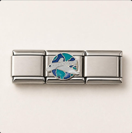 Airplane & Globe Italian Charm on a bracelet, flat lay