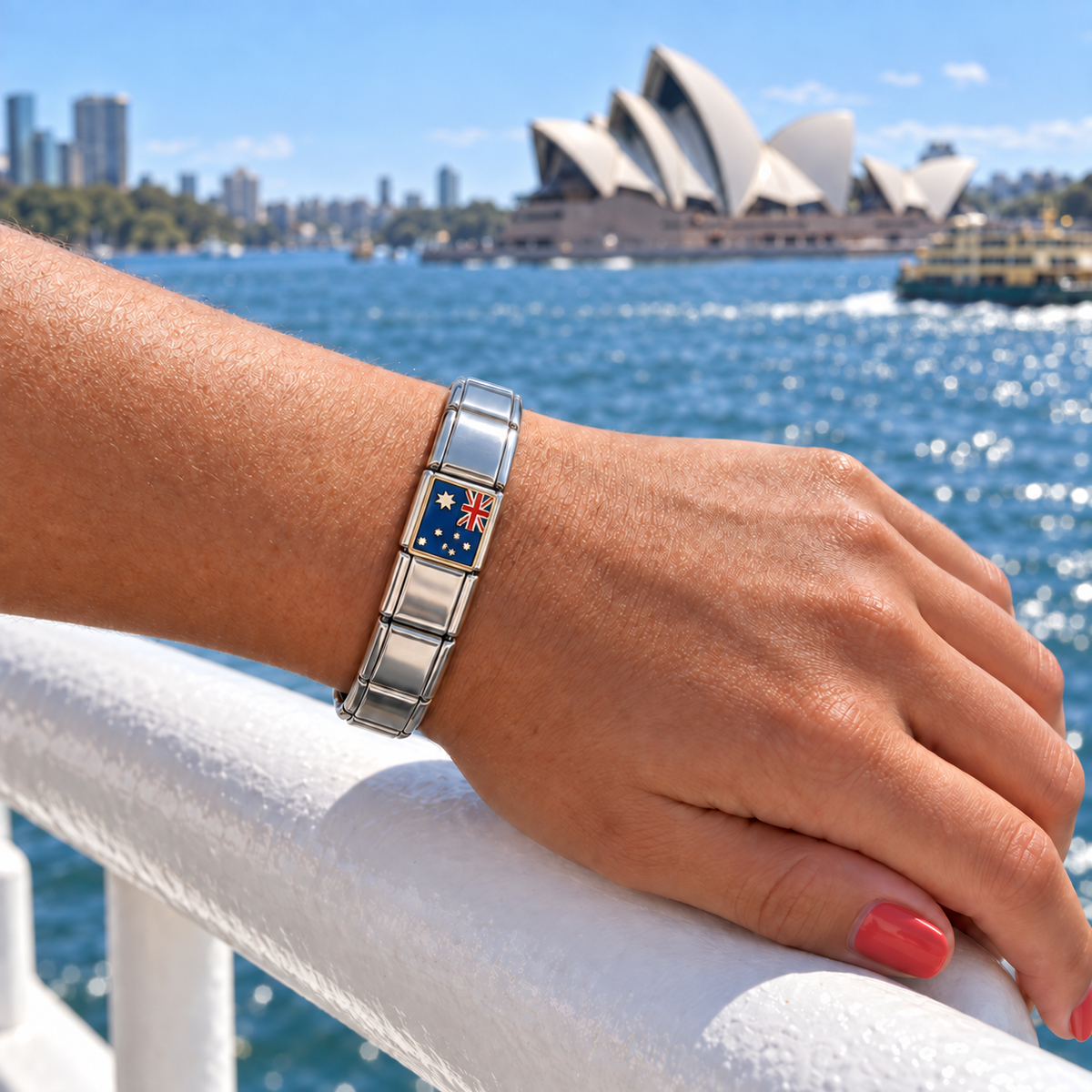 Australia flag Italian charm on a polished silver charm bracelet overlooking Sydney Harbour
