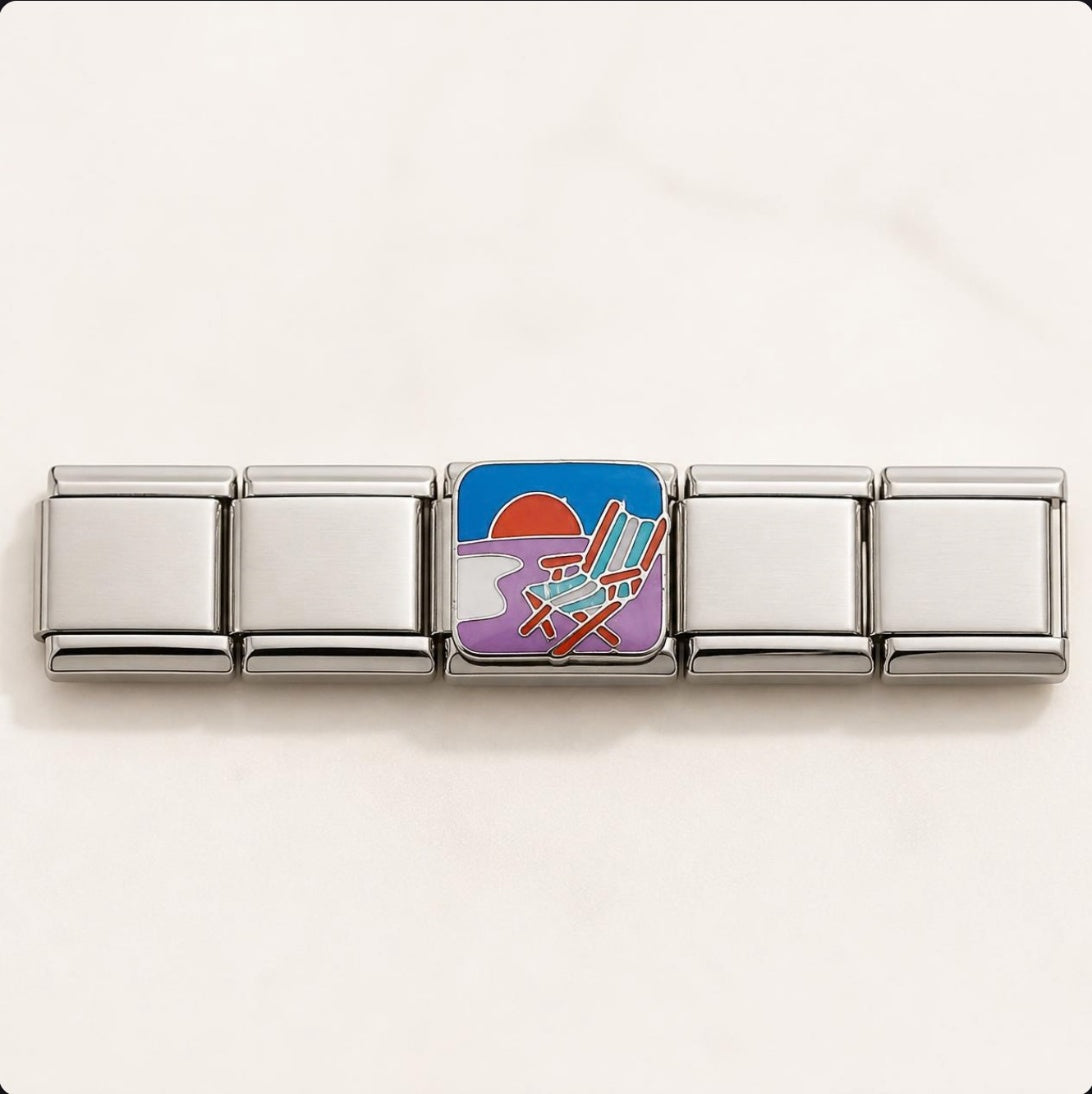 Beach Sunset Italian Charm on a bracelet, flat lay
