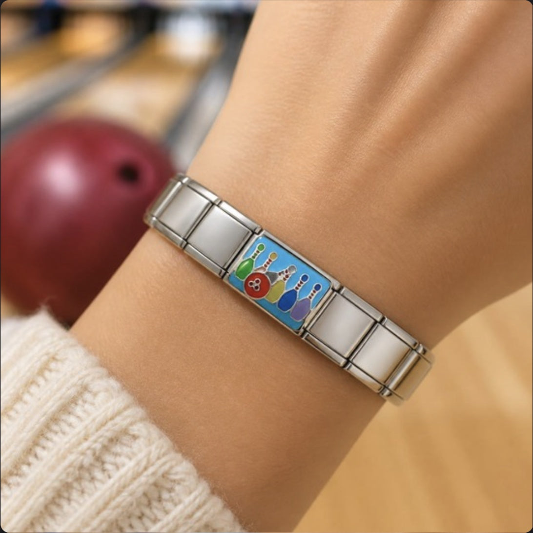 Bowling Italian Charm on a bracelet, worn on wrist