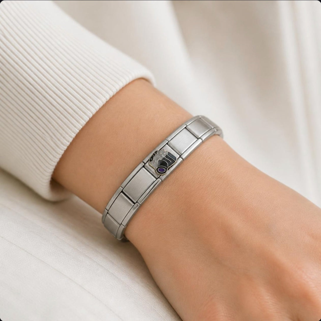 Camera Italian Charm on a bracelet, worn on wrist