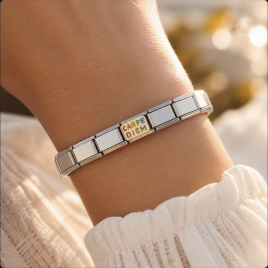 Carpe Diem Italian Charm on a bracelet, worn on wrist