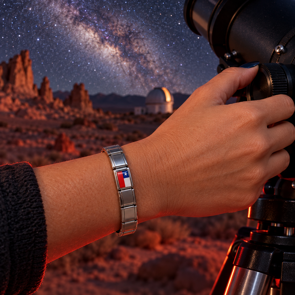 Chile flag Italian charm on a polished silver bracelet while stargazing in the Atacama Desert