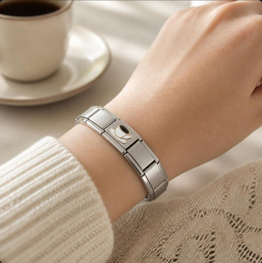 Coffee Cup Italian Charm on a bracelet, worn on wrist