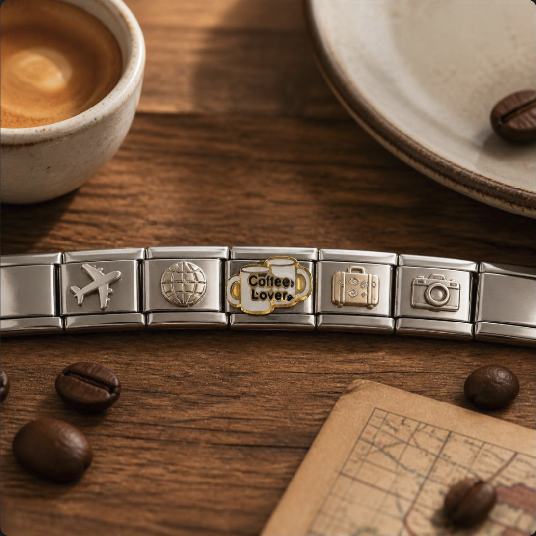 Coffee Lover Italian Charm on a bracelet, flat lay