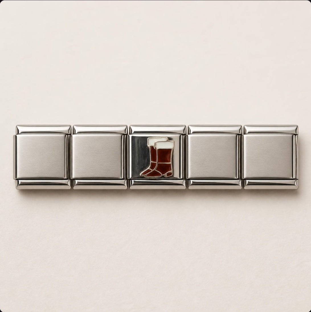 Cowboy Boots Italian Charm on a bracelet, flat lay