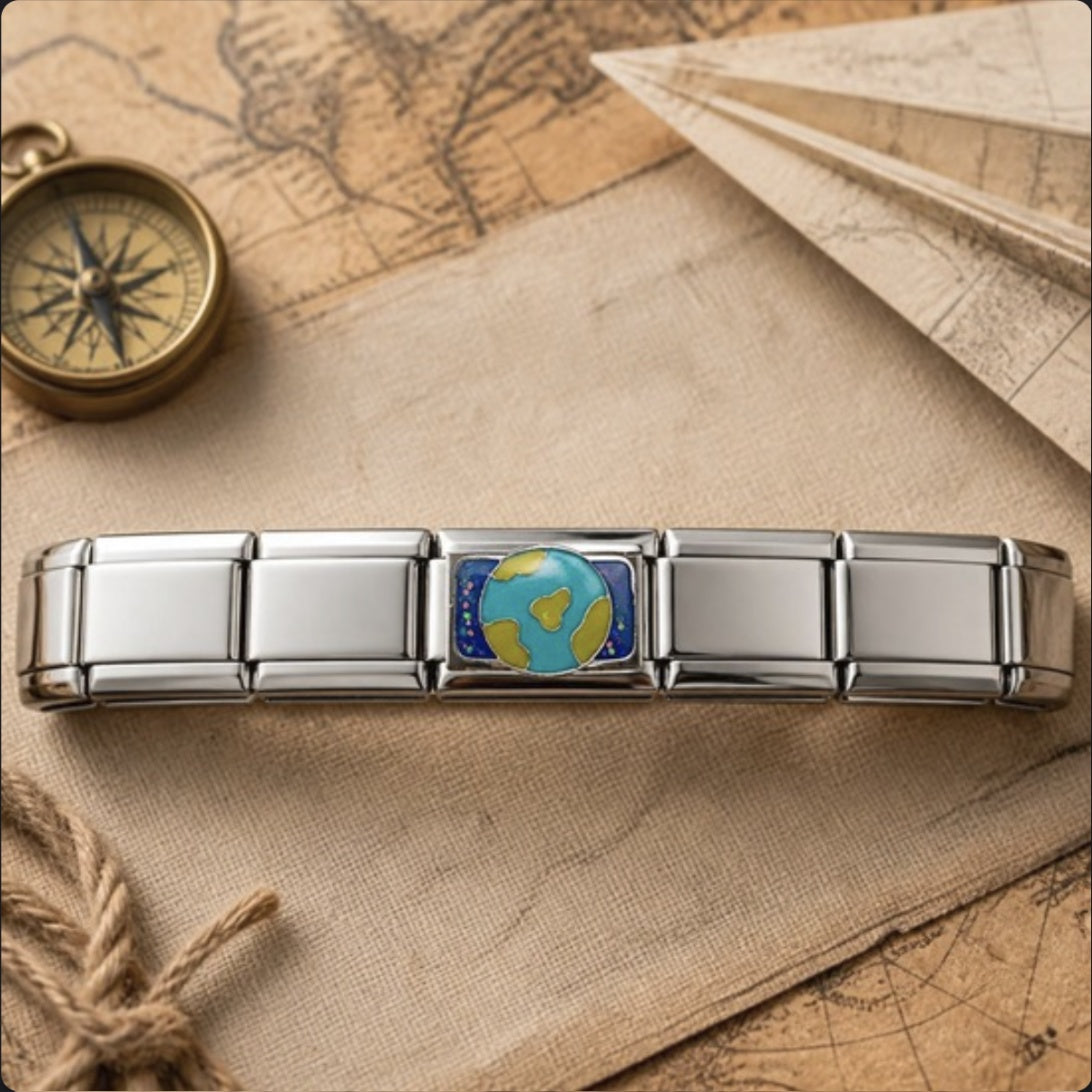 Earth Italian Charm on a bracelet, flat lay