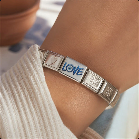 Evil Eye Love Italian Charm on a bracelet, worn on wrist