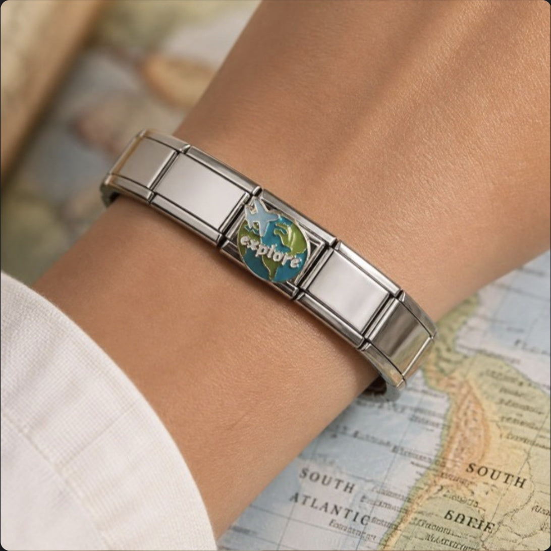 Explore Earth Italian Charm on a bracelet, worn on wrist