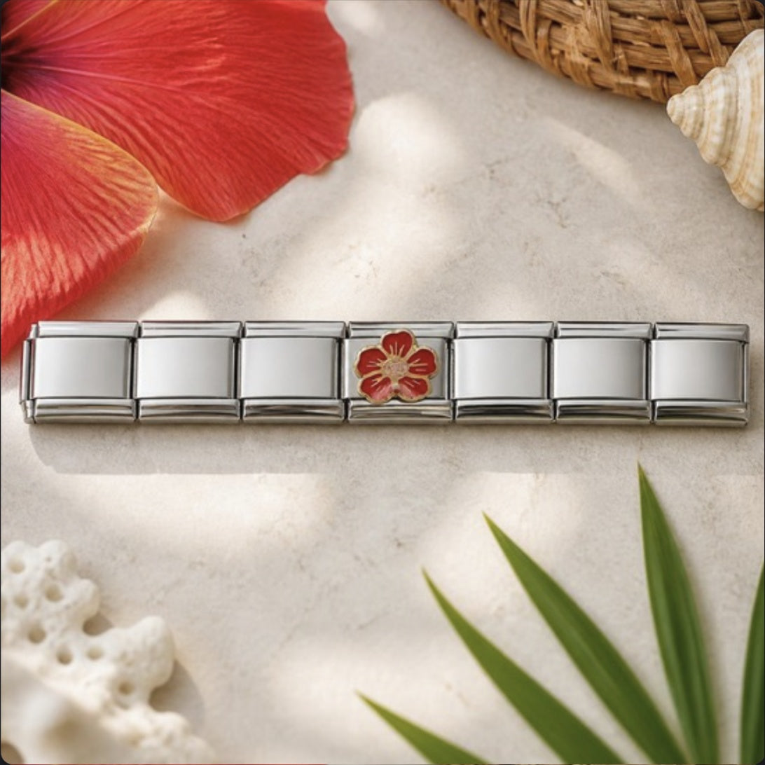 Hibiscus Flower Italian Charm on a bracelet, flat lay