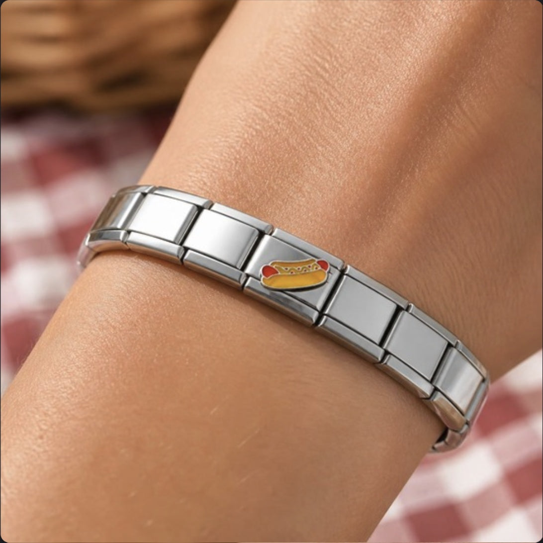 Hot Dog Italian Charm on a bracelet, worn on wrist