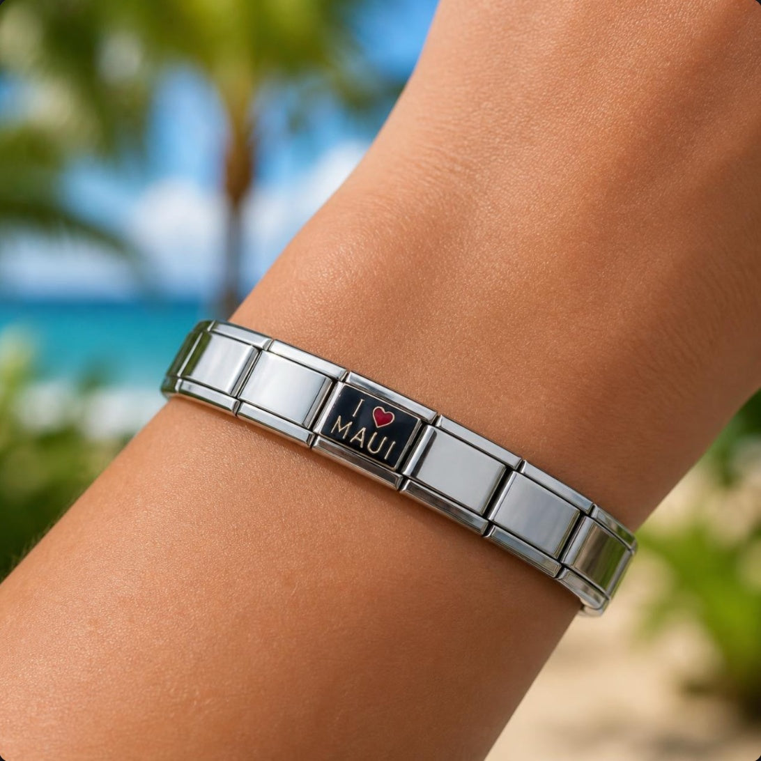 I Heart Maui Italian charm on bracelet, worn on wrist