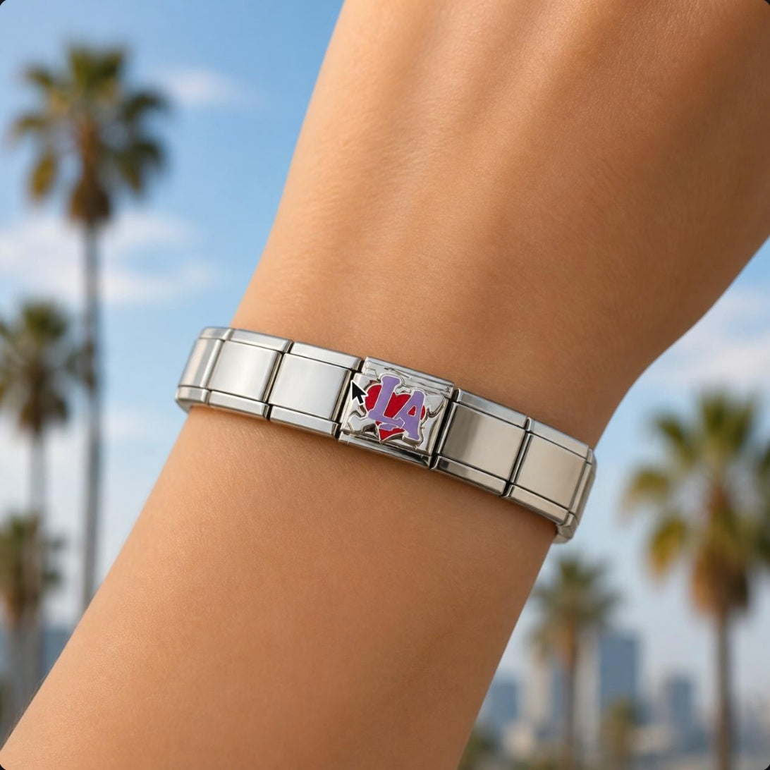 LA Heart Italian charm on bracelet, worn on wrist