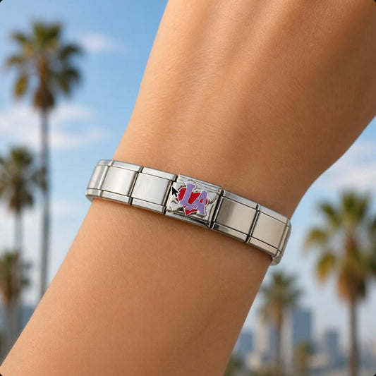 LA Heart Italian charm on bracelet, worn on wrist