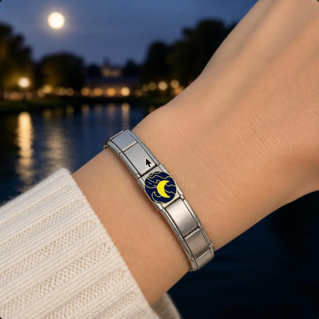 Moon River Italian charm on bracelet, worn on wrist