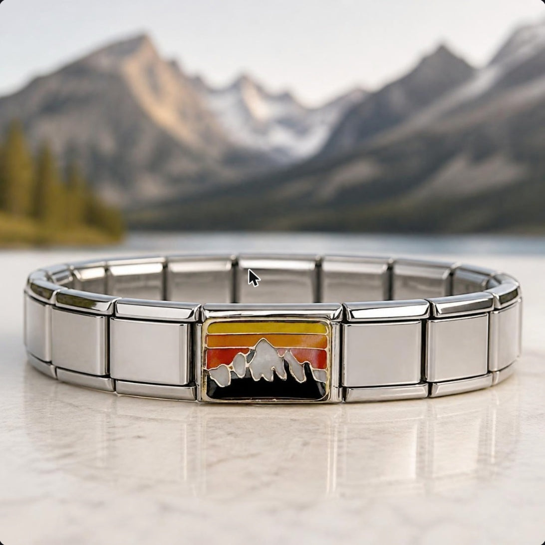 Mountains Italian charm on bracelet, flat lay
