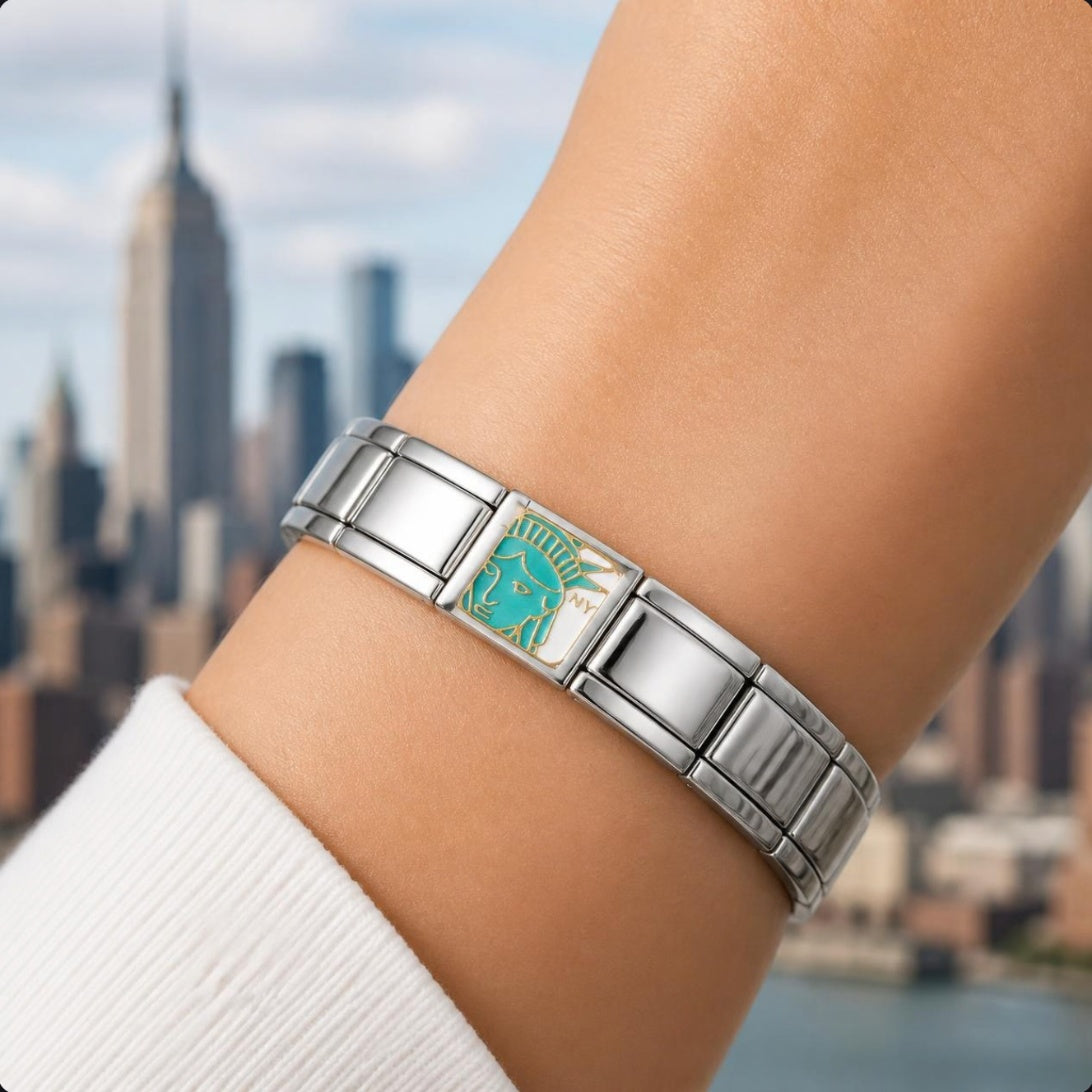 New York Liberty Italian charm on bracelet, worn on wrist