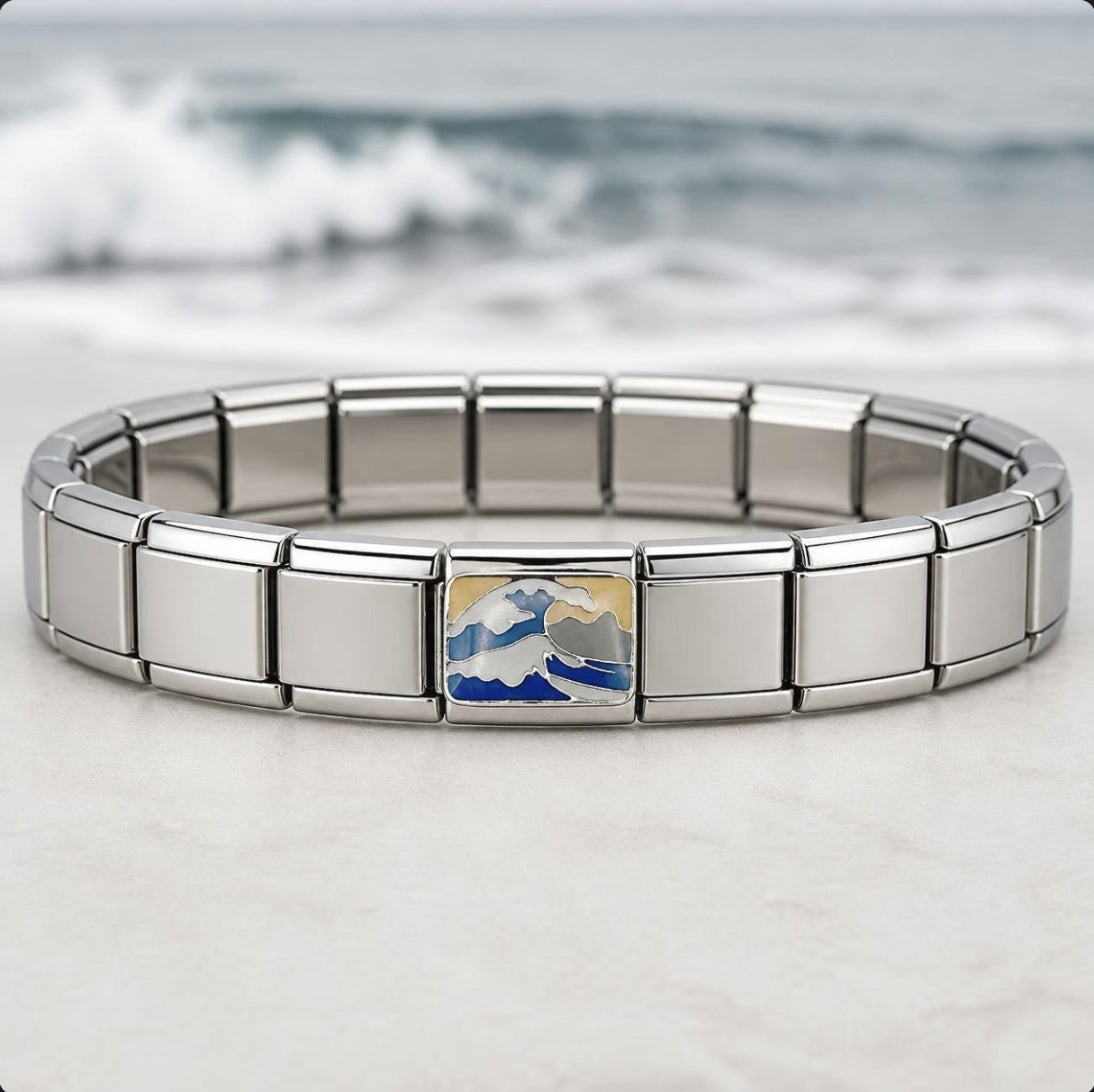 Ocean Wave Italian charm on bracelet, flat lay