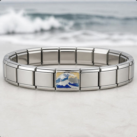 Ocean Wave Italian charm on bracelet, flat lay