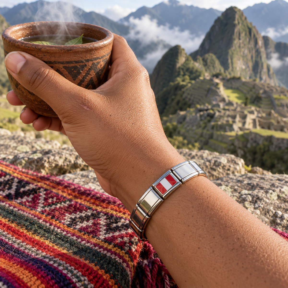 Peru flag Italian charm on a shiny silver modular bracelet worn by a traveler holding coca tea overlooking Machu Picchu
