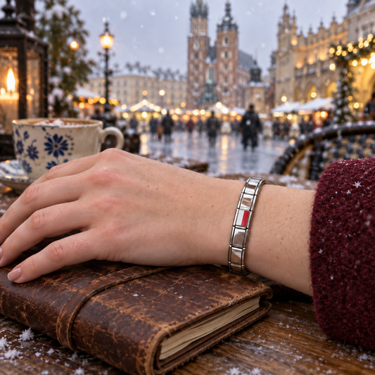 Poland flag Italian charm on a polished silver modular bracelet worn at a snowy Kraków café overlooking the historic Market Square
